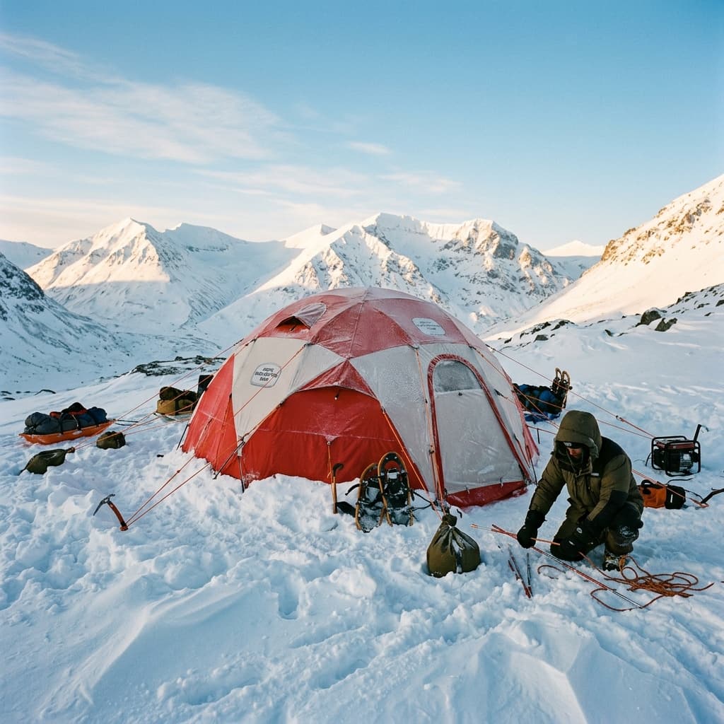 Exterior of an insulated expedition tent surrounded by heavy snow accumulation