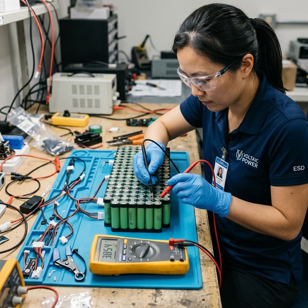 Engineer measuring cell potentials across a dense matrix of 18650 lithium-ion cylindrical cells