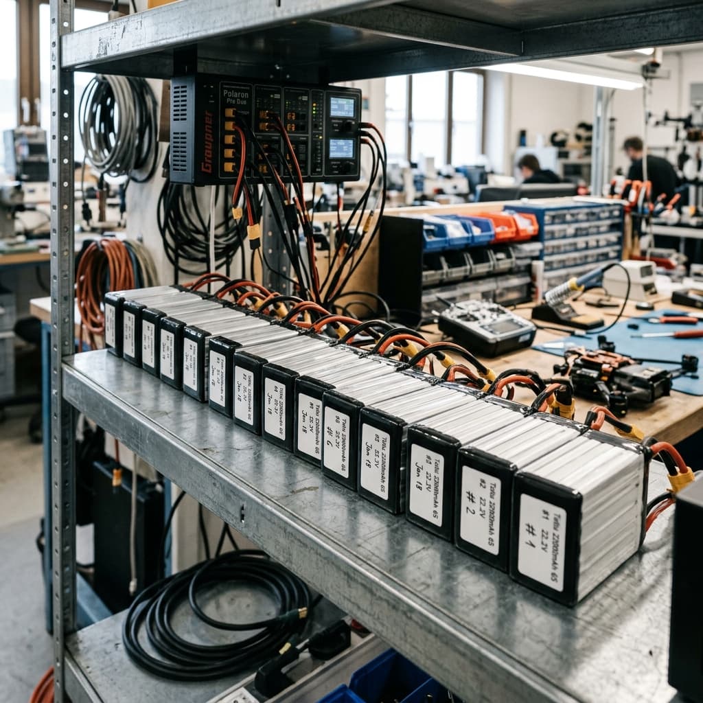 Battery packs stored and managed on organized shelf system before cold-weather deployment