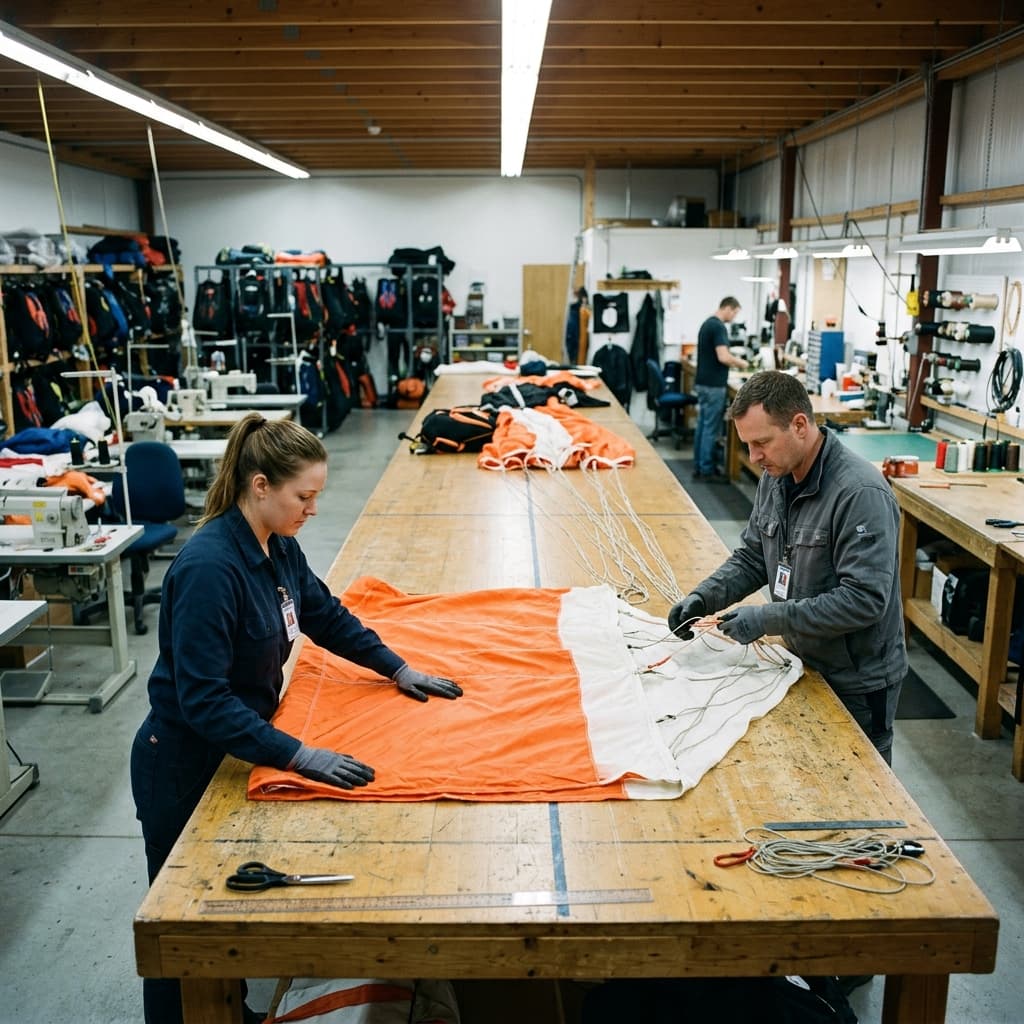 Riggers laying out and inspecting tandem parachute system components on a long inspection table