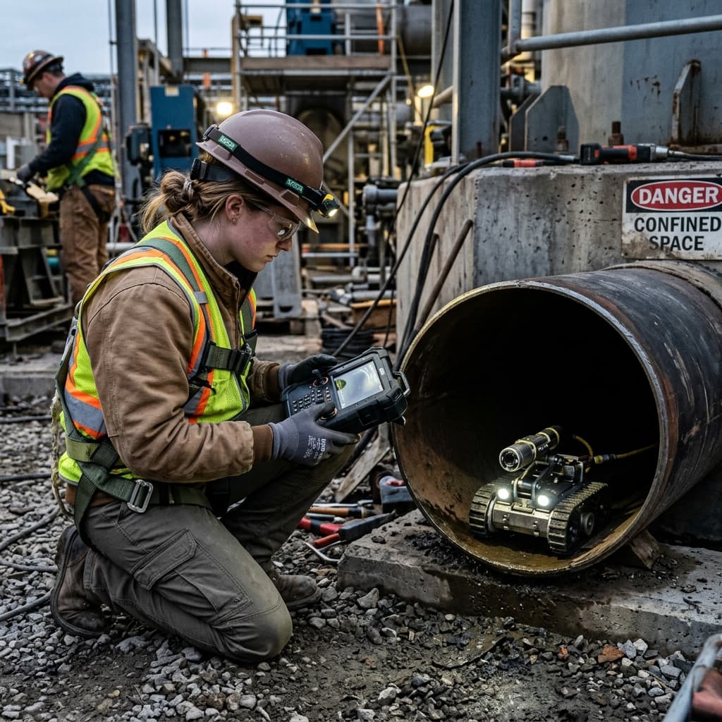 Small robotic inspection rover heading into a dark, thick metal pipe with its operator observing outside
