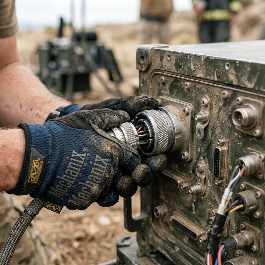 Gloved hands mating a heavily constructed circular MIL-spec connector covered in field dust