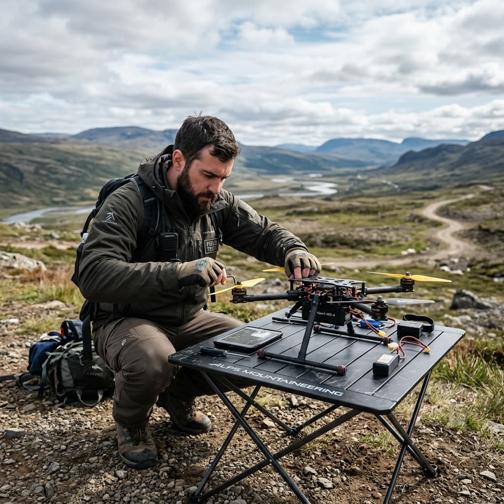 Field technician inspecting compact drone on portable table in rugged outdoor terrain