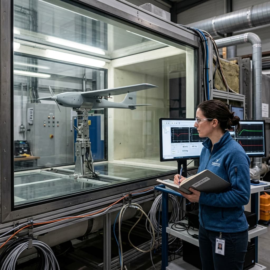 Fixed wing tactical UAV mounted on a test sting inside a professional wind tunnel