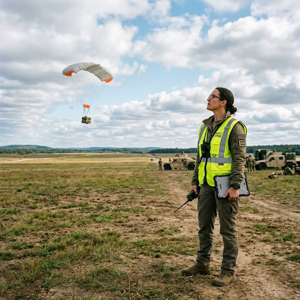 Safety officer in hi-vis vest observing airdrop operations with cargo parachutes deploying over a military drop zone