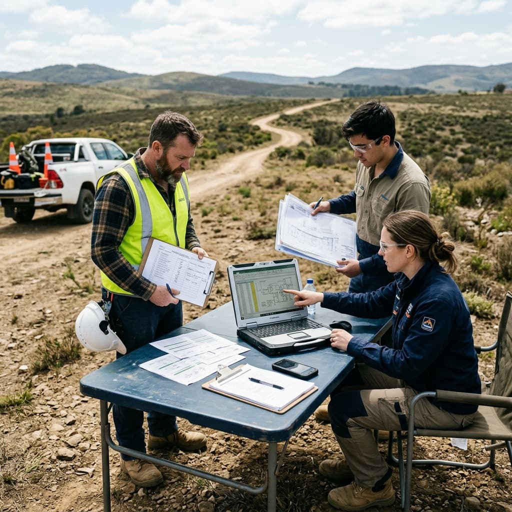 Field team reviewing drop zone test results and checklists at outdoor table after a test event