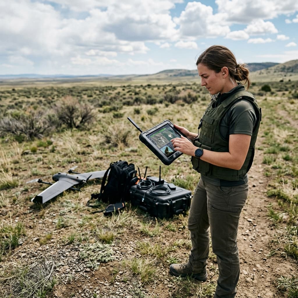 UAV operator using rugged tablet ground control station in open field