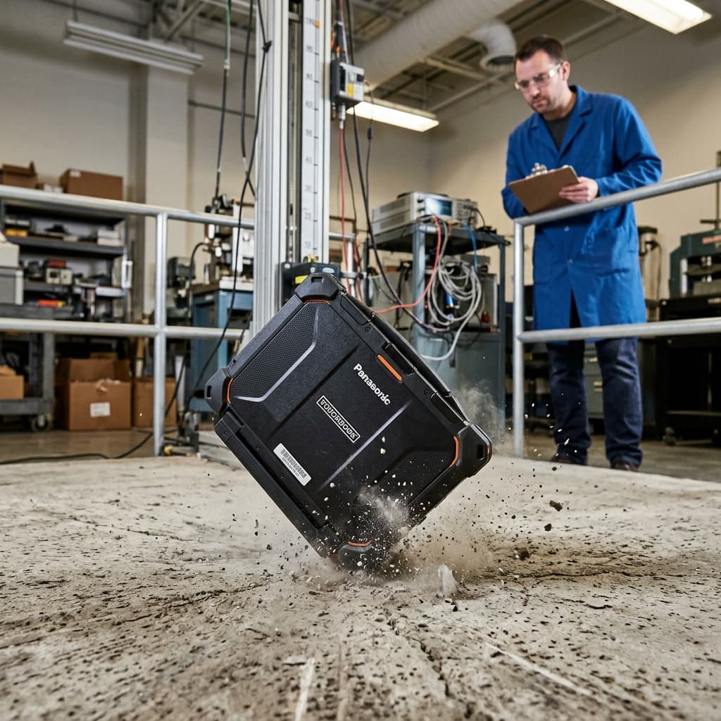 Specialized heavy testing apparatus violently impacting a rugged field computer chassis against a massive steel block