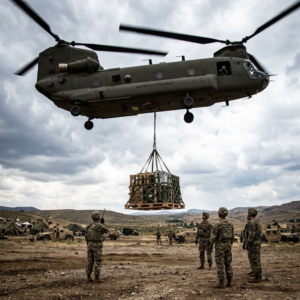 Heavy tactical cargo pallet suspended by a transport helicopter prior to an aerial release