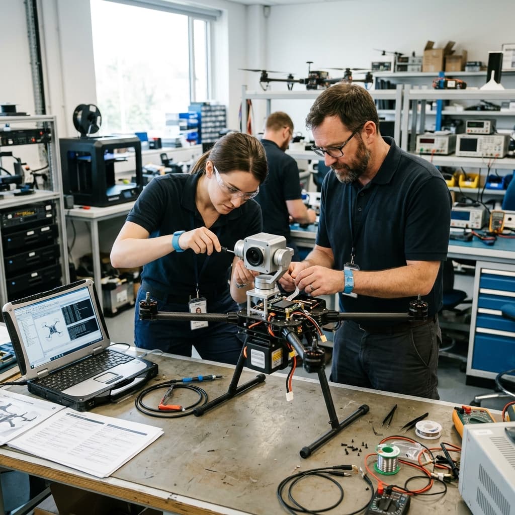 Engineers attaching a camera payload to a UAV on an integration workbench