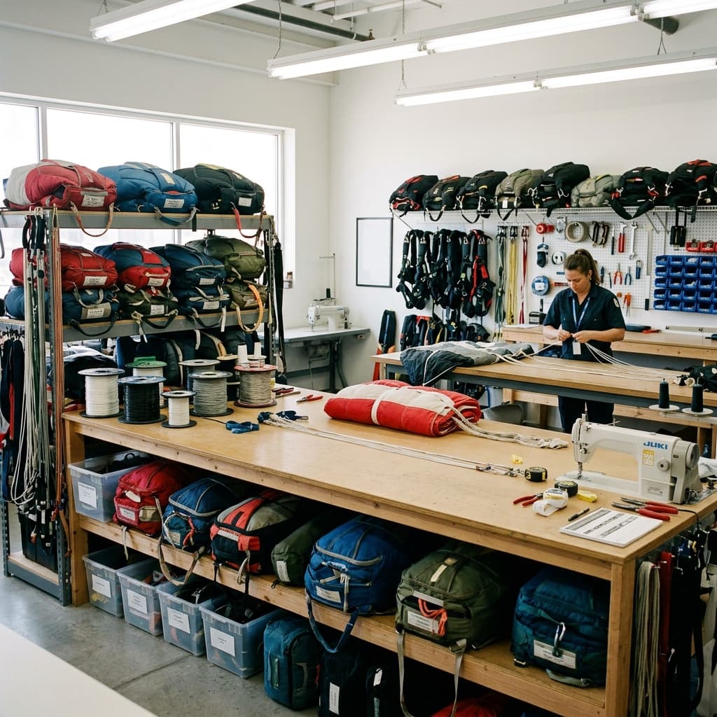 Professional parachute rigging loft with packed containers, lines, and rigging equipment organized on shelves
