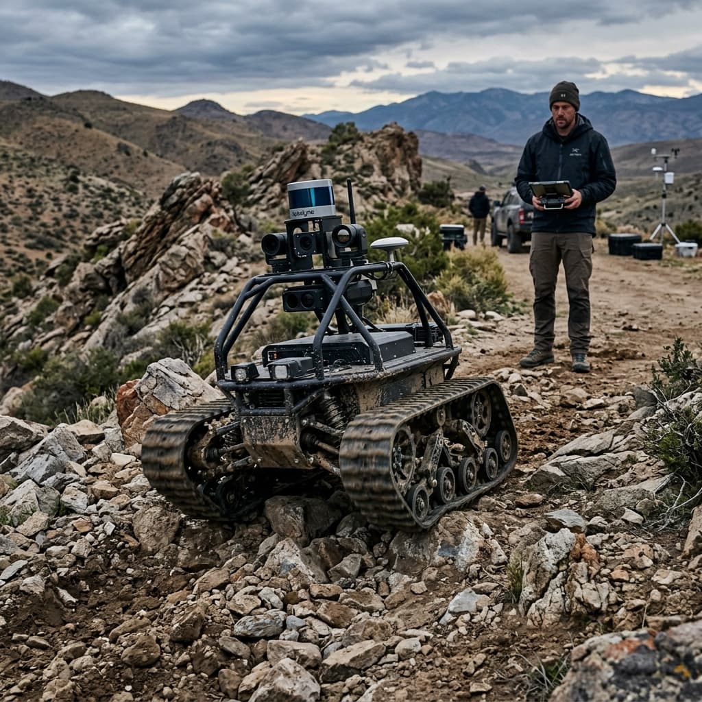 Large autonomous platform executing a patrol across rough terrain utilizing a dense array of sensor masts