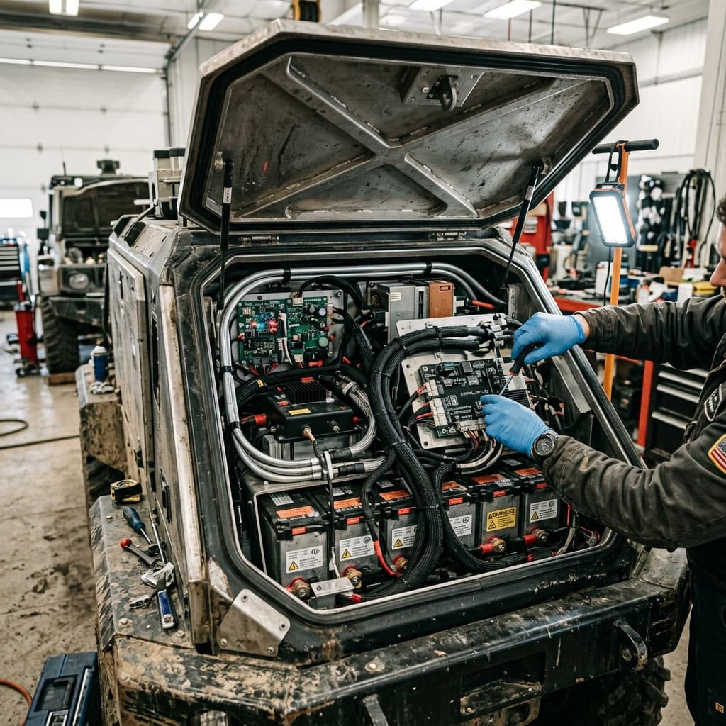 Heavy duty battery modules installed in the lower chassis of a tactical ground vehicle