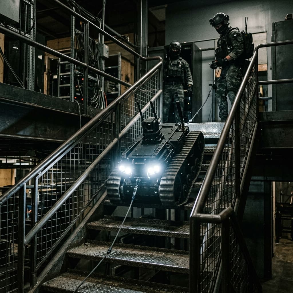 A rugged tactical robot demonstrating aggressive stair-climbing capabilities in an industrial setting
