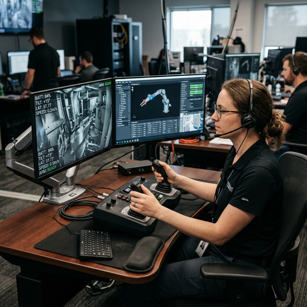 Operator engaged at a highly refined, deeply streamlined multi-screen control console