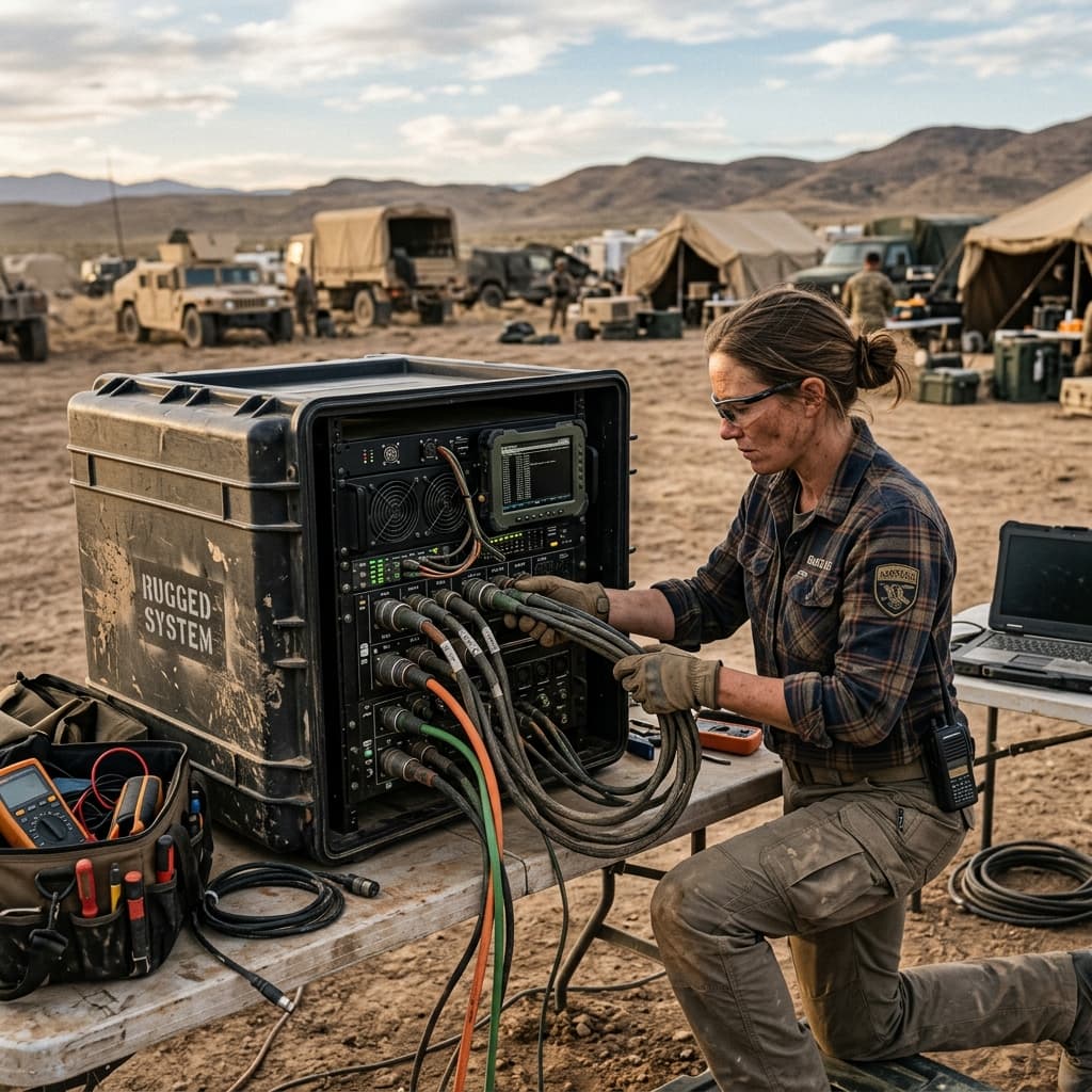 Technician accessing a tactical server rack deployed in a transit case outdoors