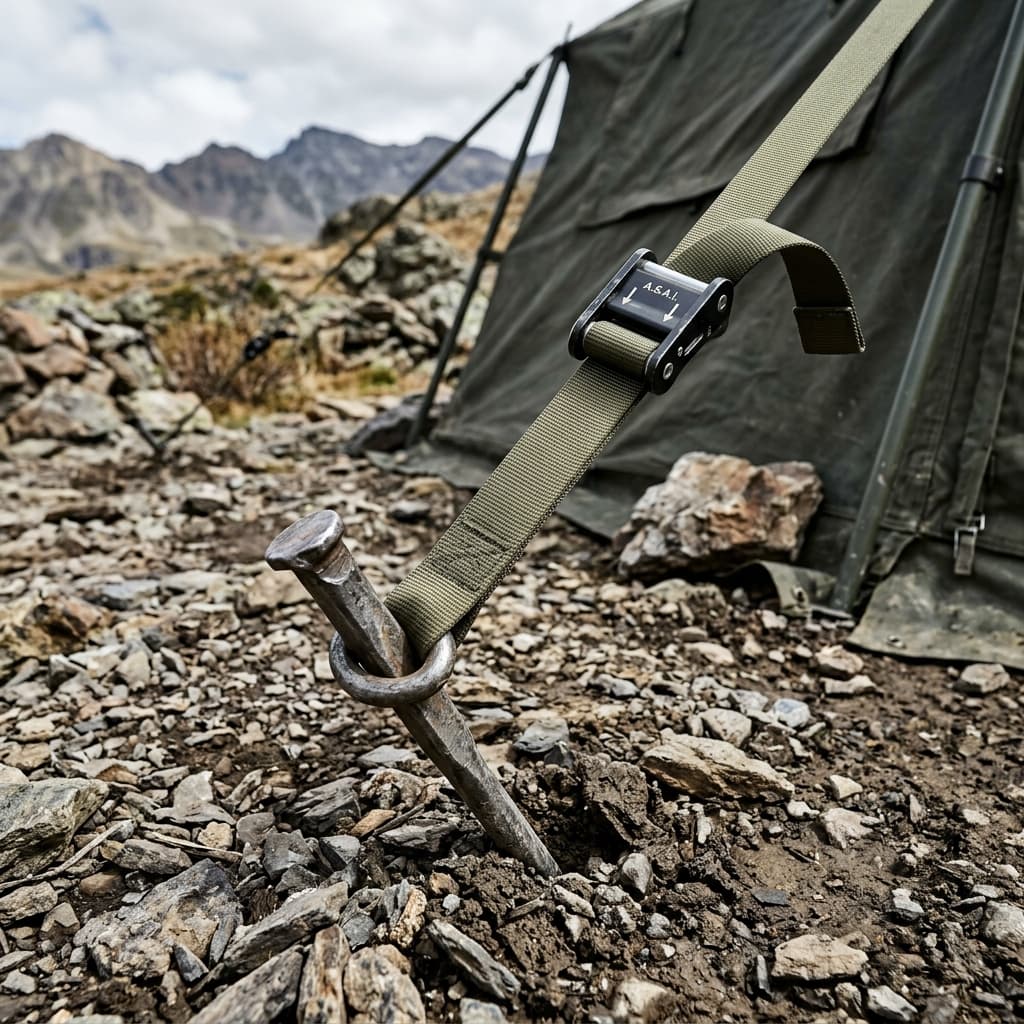 Close-up of a heavy-duty steel peg driven at an angle holding a tensioned webbing strap for a shelter