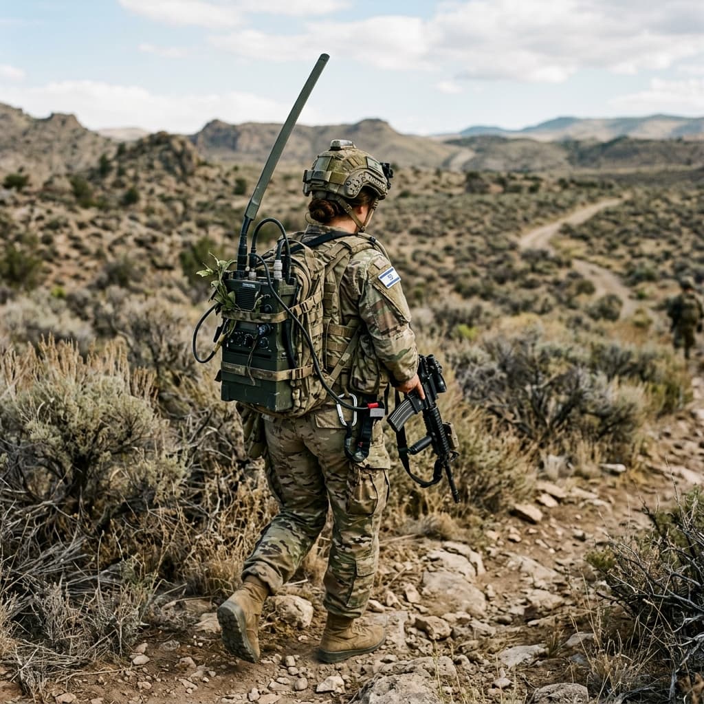 Soldier wearing a man-pack radio with multiple antennas in a harsh outdoor environment