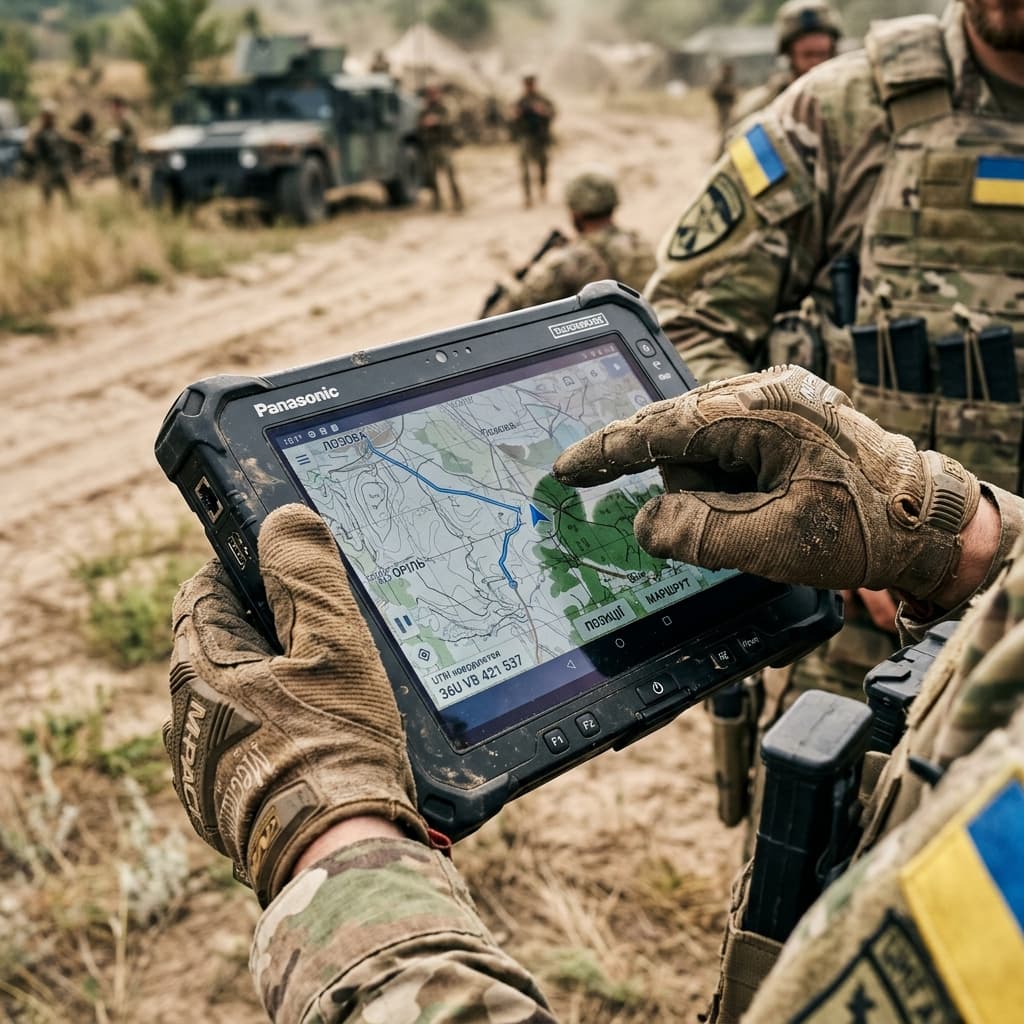 Tactical operator using a thick ruggedized tablet to view complex mapping telemetry in harsh daylight