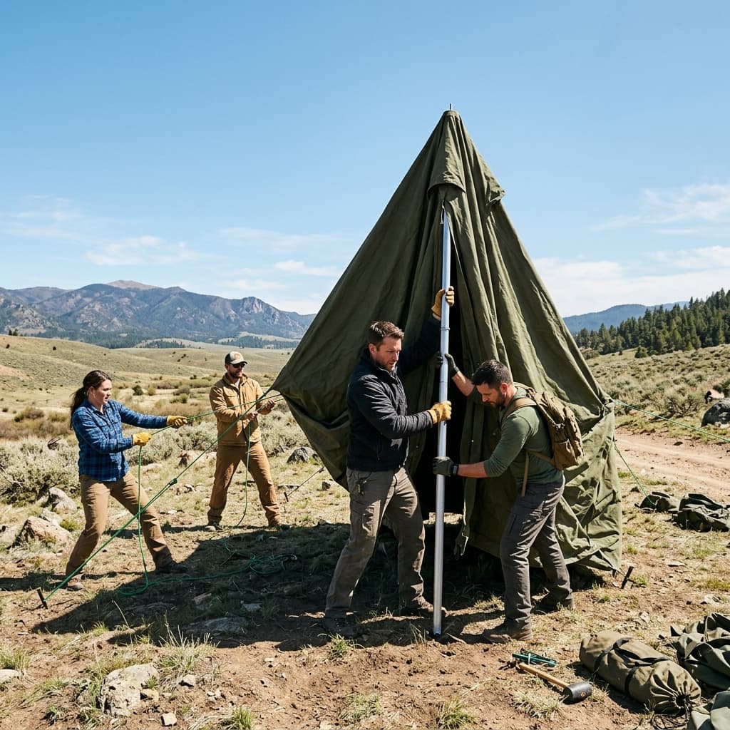 Deployment team laying down heavy black protective ground sheets before erecting the main shelter frame