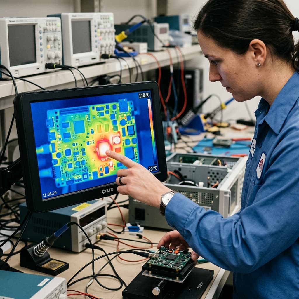 Thermal camera image showing heat concentration points on a printed circuit board