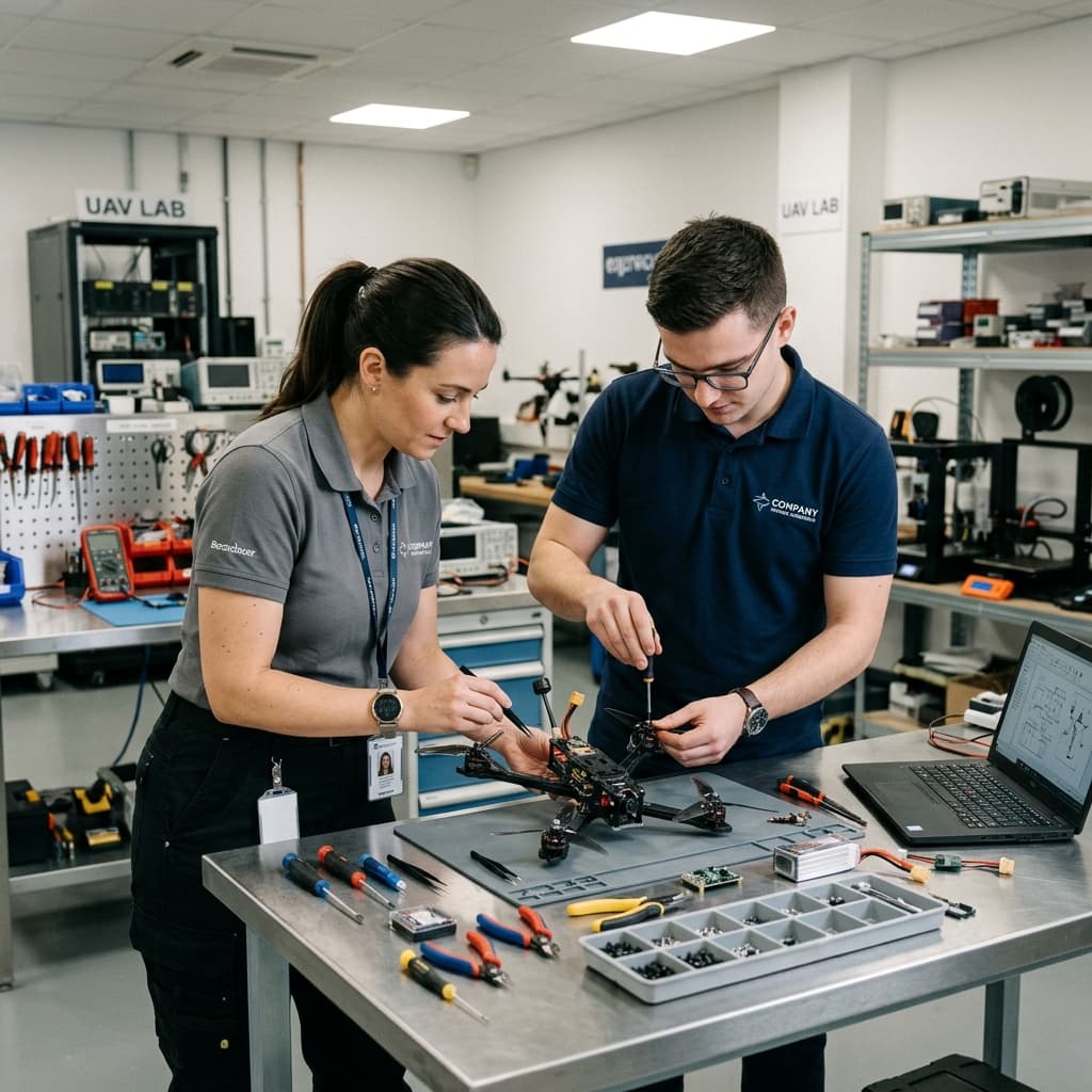 Detailed workbench layout during UAV payload preparation showing tools and documentation