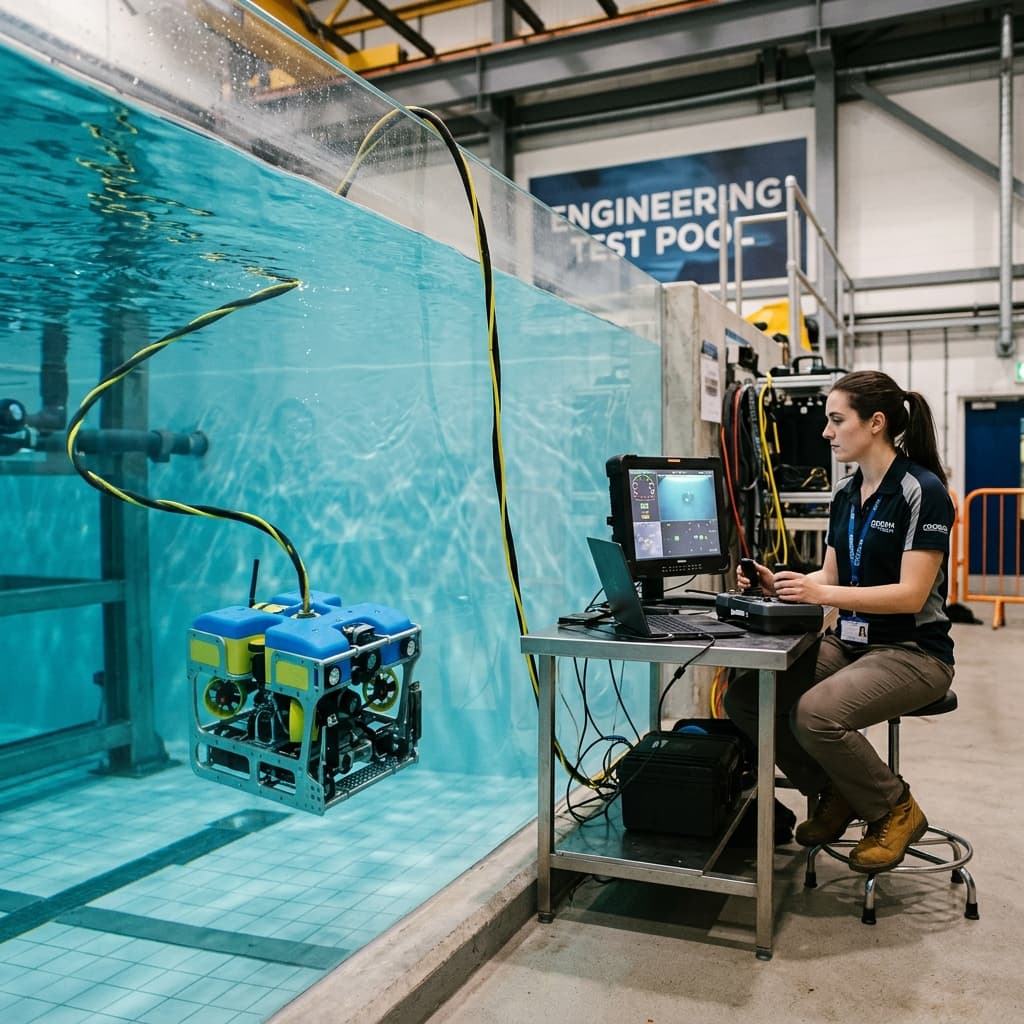 A heavily armored underwater inspection robot suspended in a test pool