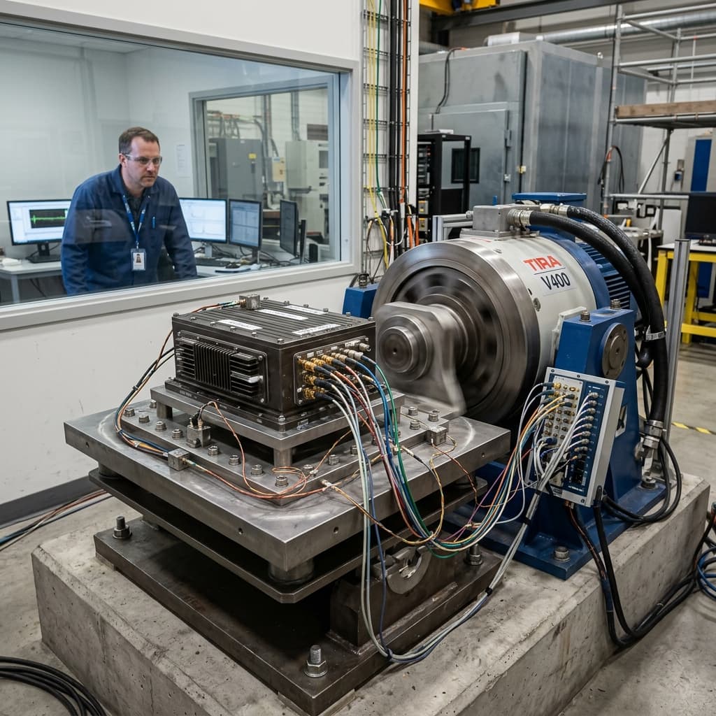 Electronics enclosure mounted to a large vibration shaker table during environmental qualification testing