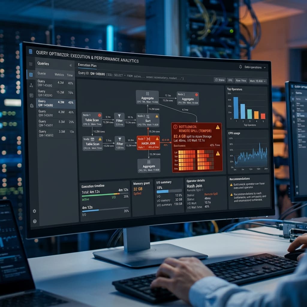 Data warehouse query execution plan visualization, identifying remote spill and query bottlenecks