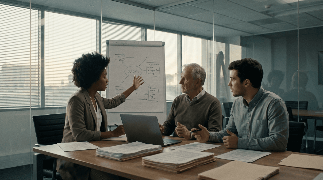 Technology and risk leaders in a working session reviewing briefs and data on a laptop in natural office light