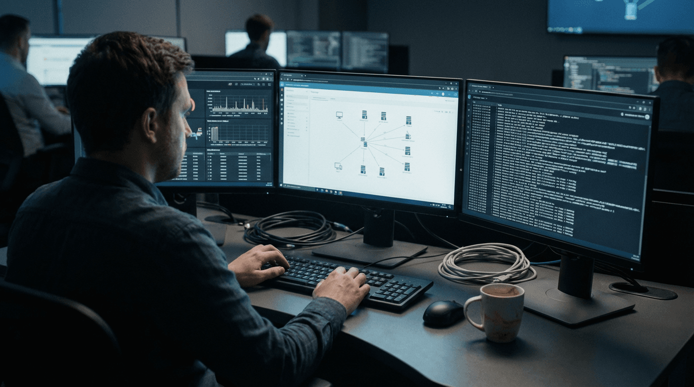 Analyst at a multi-monitor workstation reviewing dashboards and operational data in a dim control room