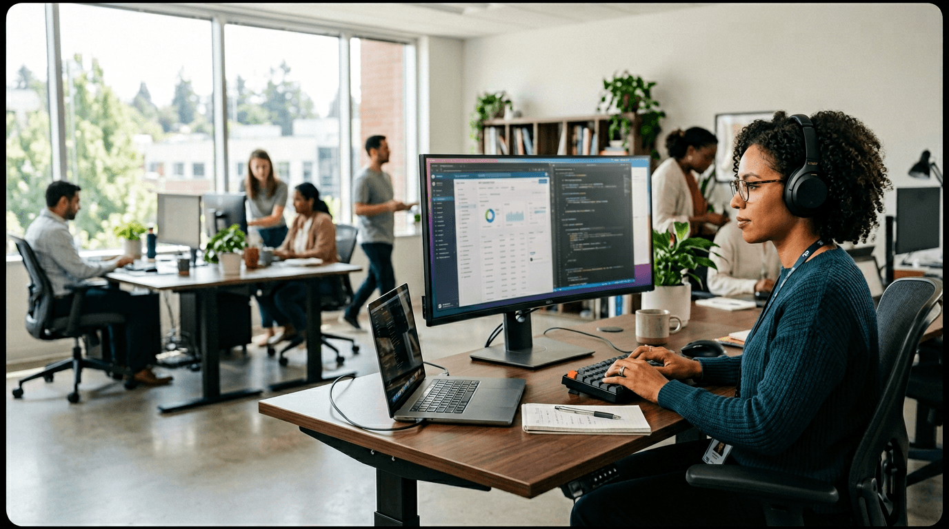Team member using assistive headphones and an adjustable workstation in an inclusive modern office environment
