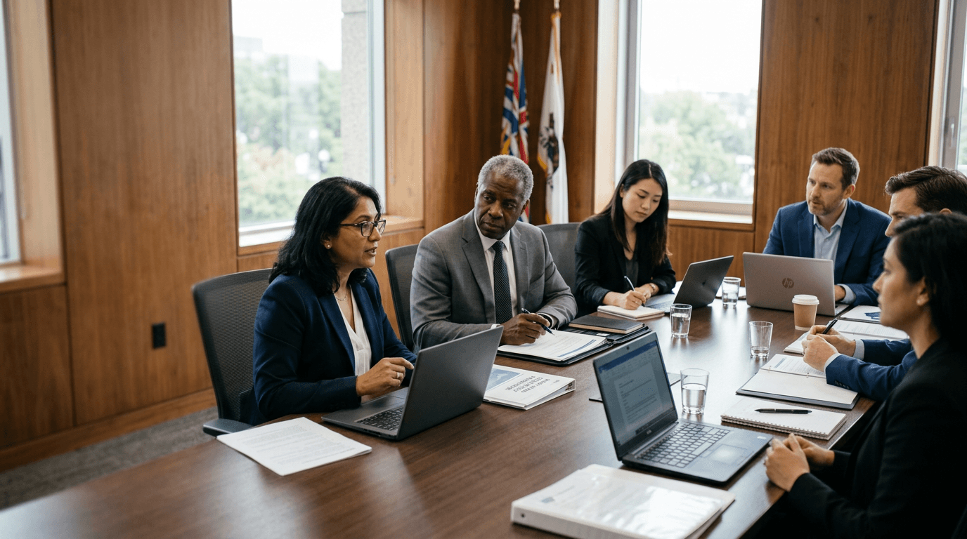 Public sector officials and technology partners in a formal civic setting aligned on accountable digital services