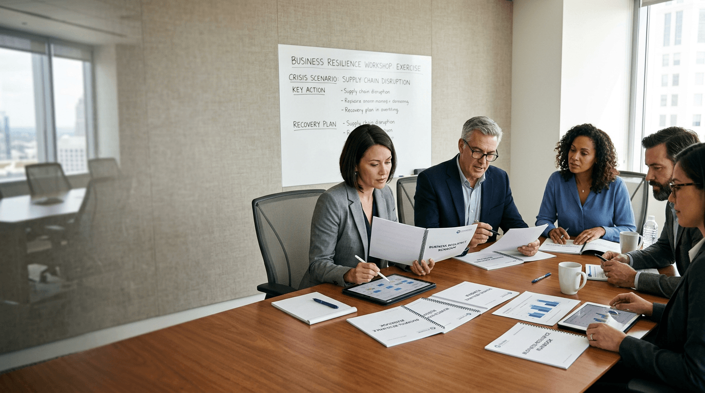 Resilience leads facilitating a business continuity tabletop exercise with runbooks and scenario materials