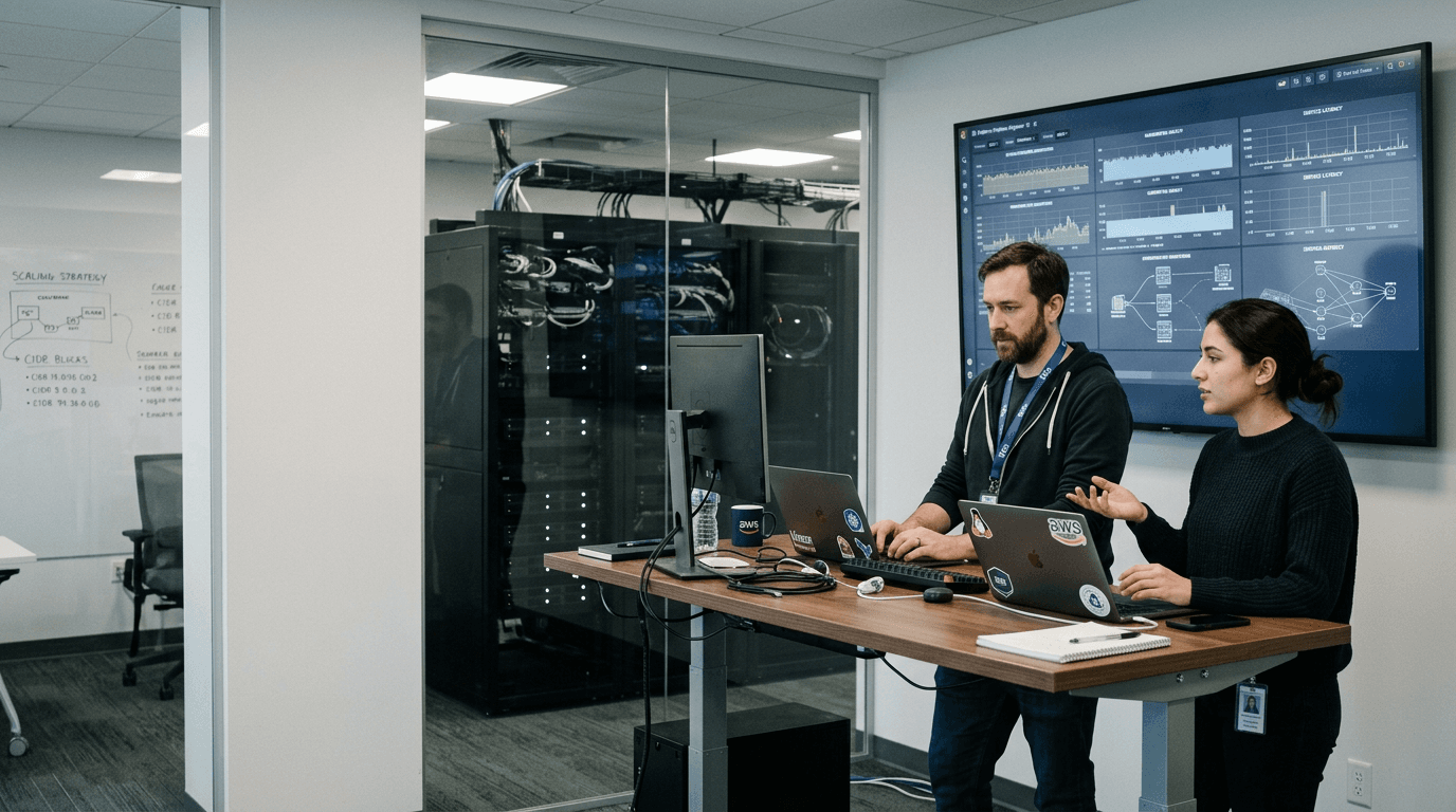 Platform and DevOps engineers collaborating near infrastructure displays and laptops in a cloud operations setting