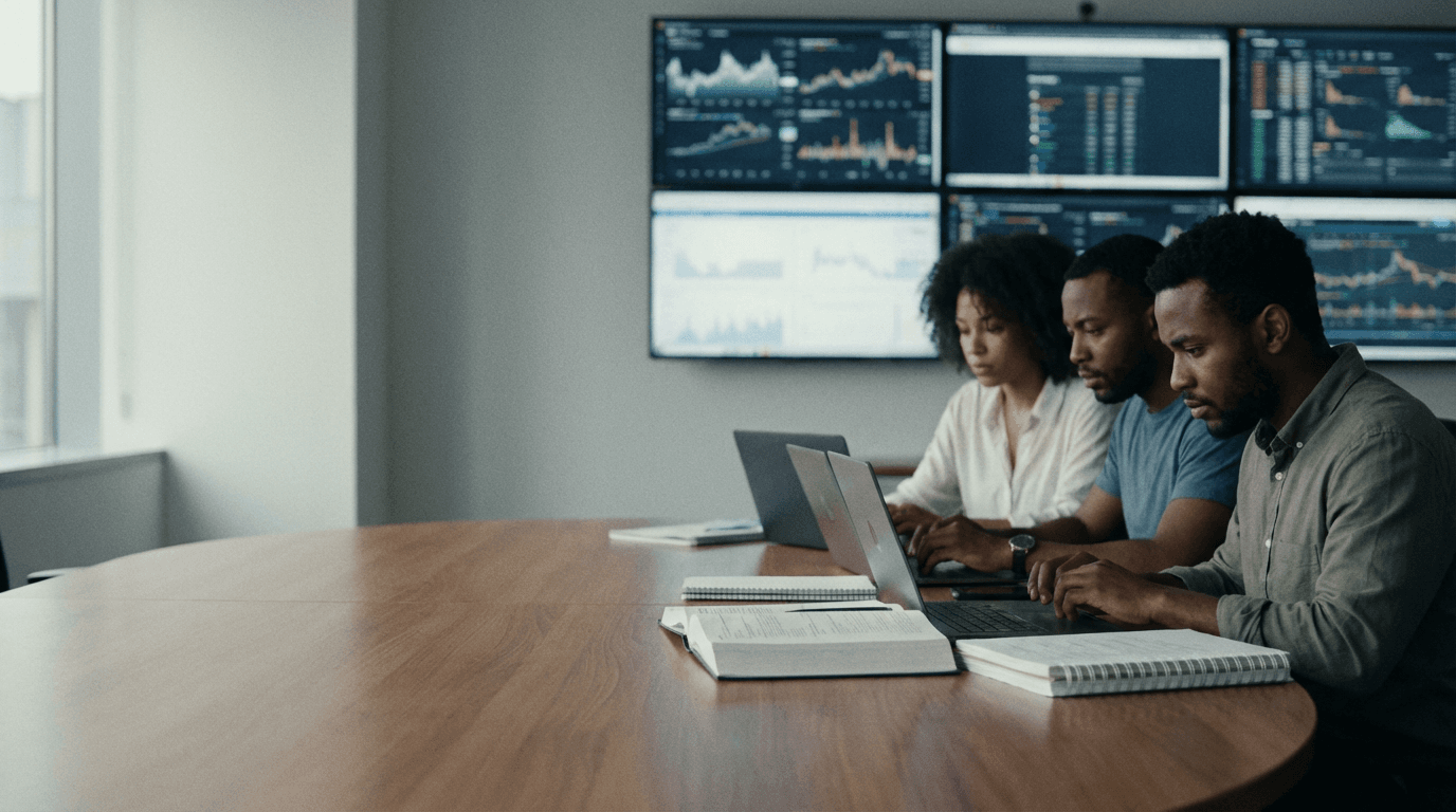 Data and analytics specialists reviewing pipelines and model outputs on large displays in a governed analytics workspace