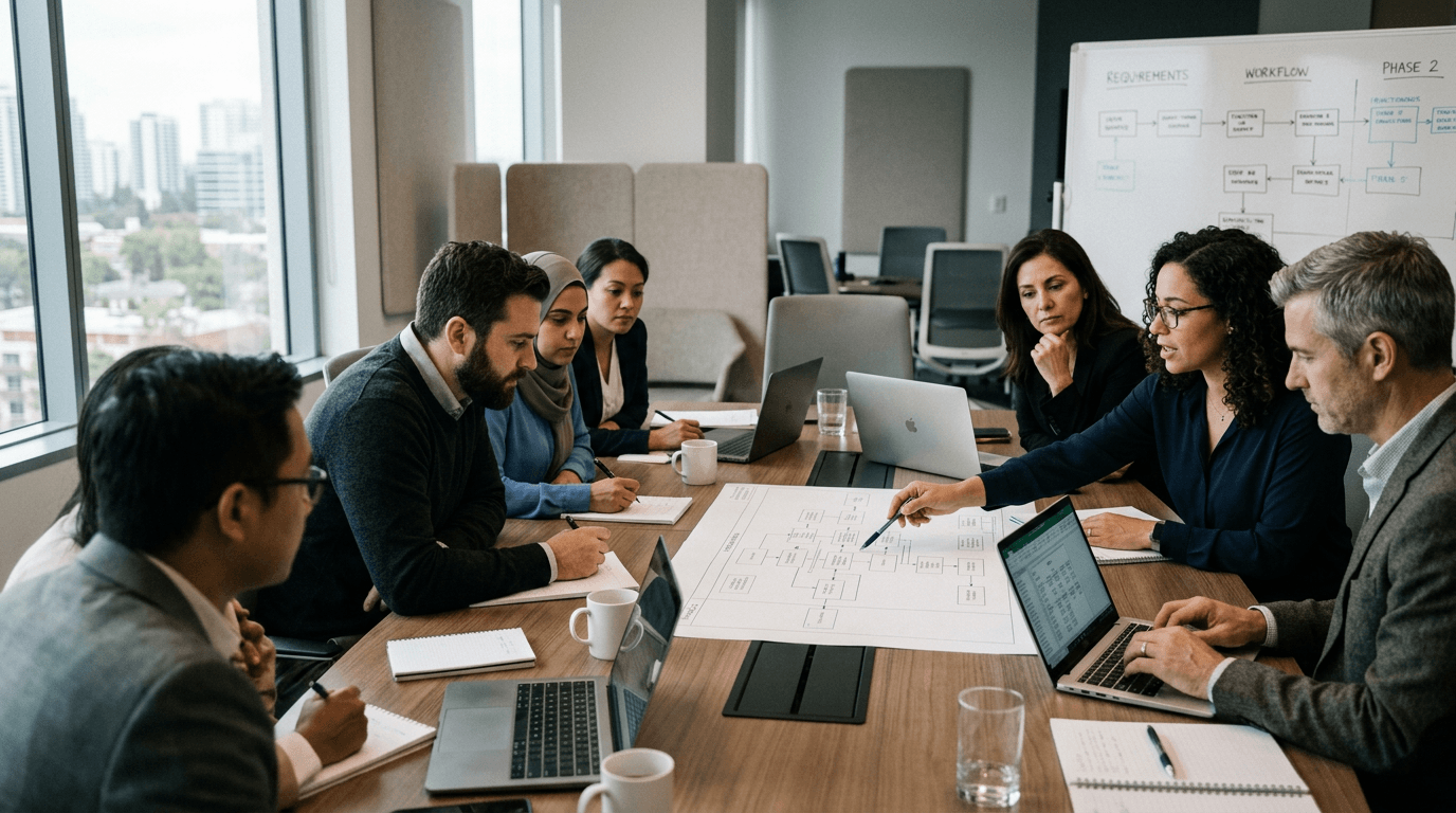 Enterprise application consultants facilitating a fit-gap workshop with business and IT stakeholders