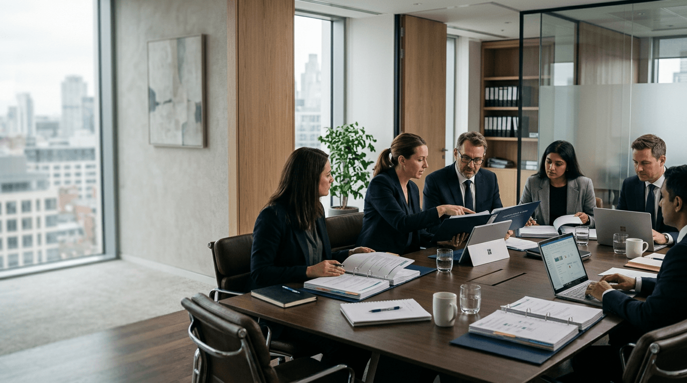 GRC advisors reviewing controls evidence and policy materials with technology stakeholders in a formal working session