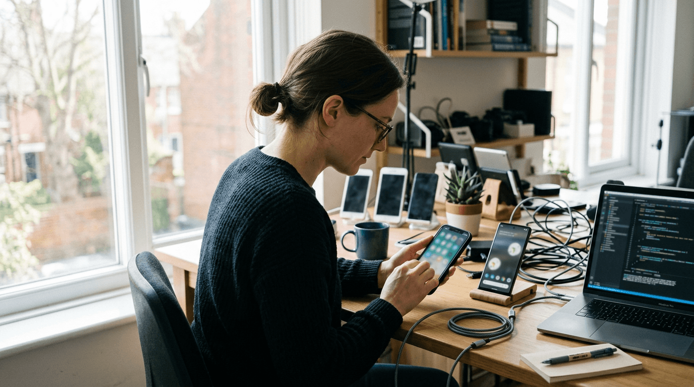 Mobile engineers validating builds on physical devices alongside laptops in a product engineering space