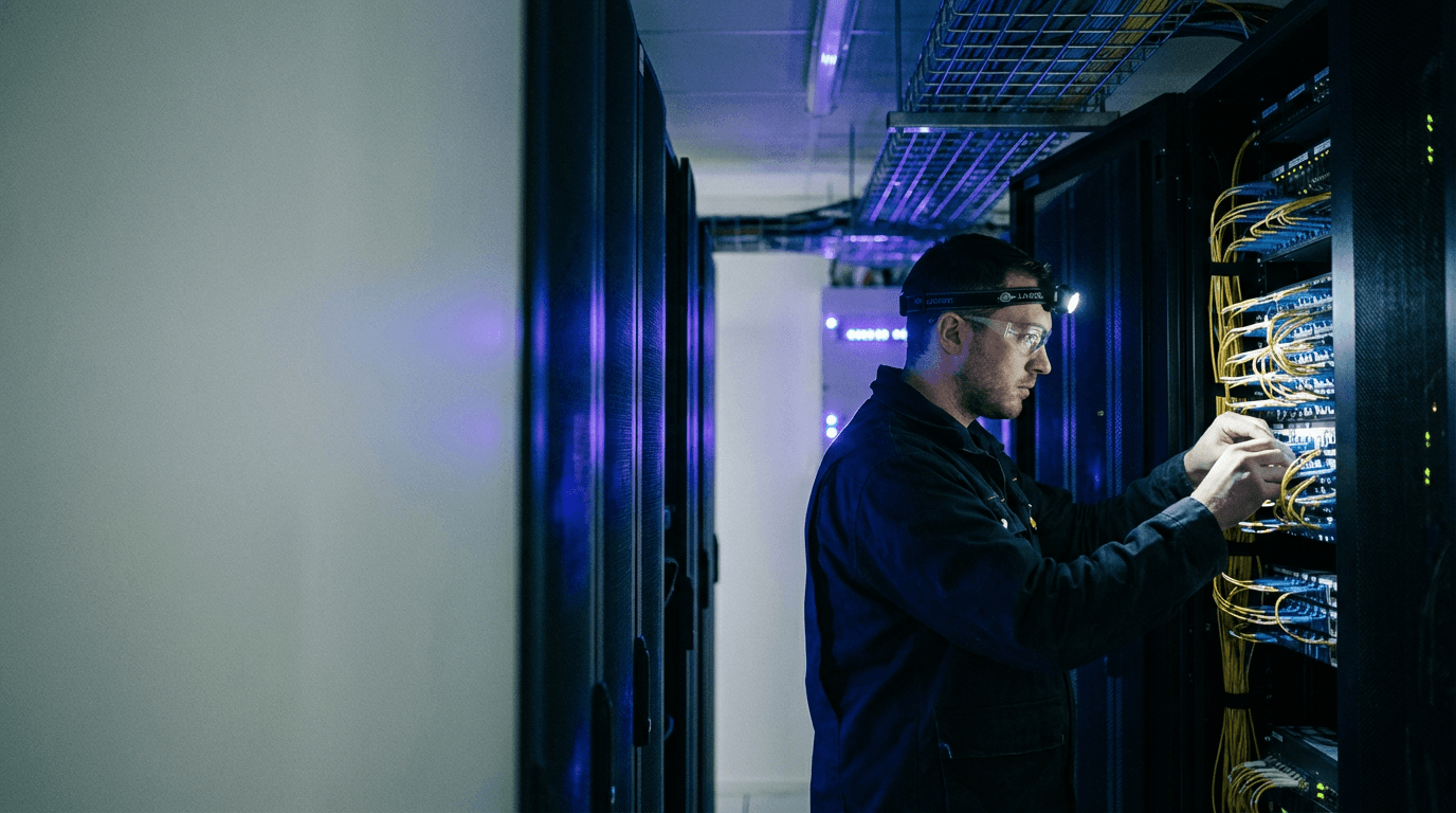 Network engineer working with structured cabling and patch infrastructure in a data center environment