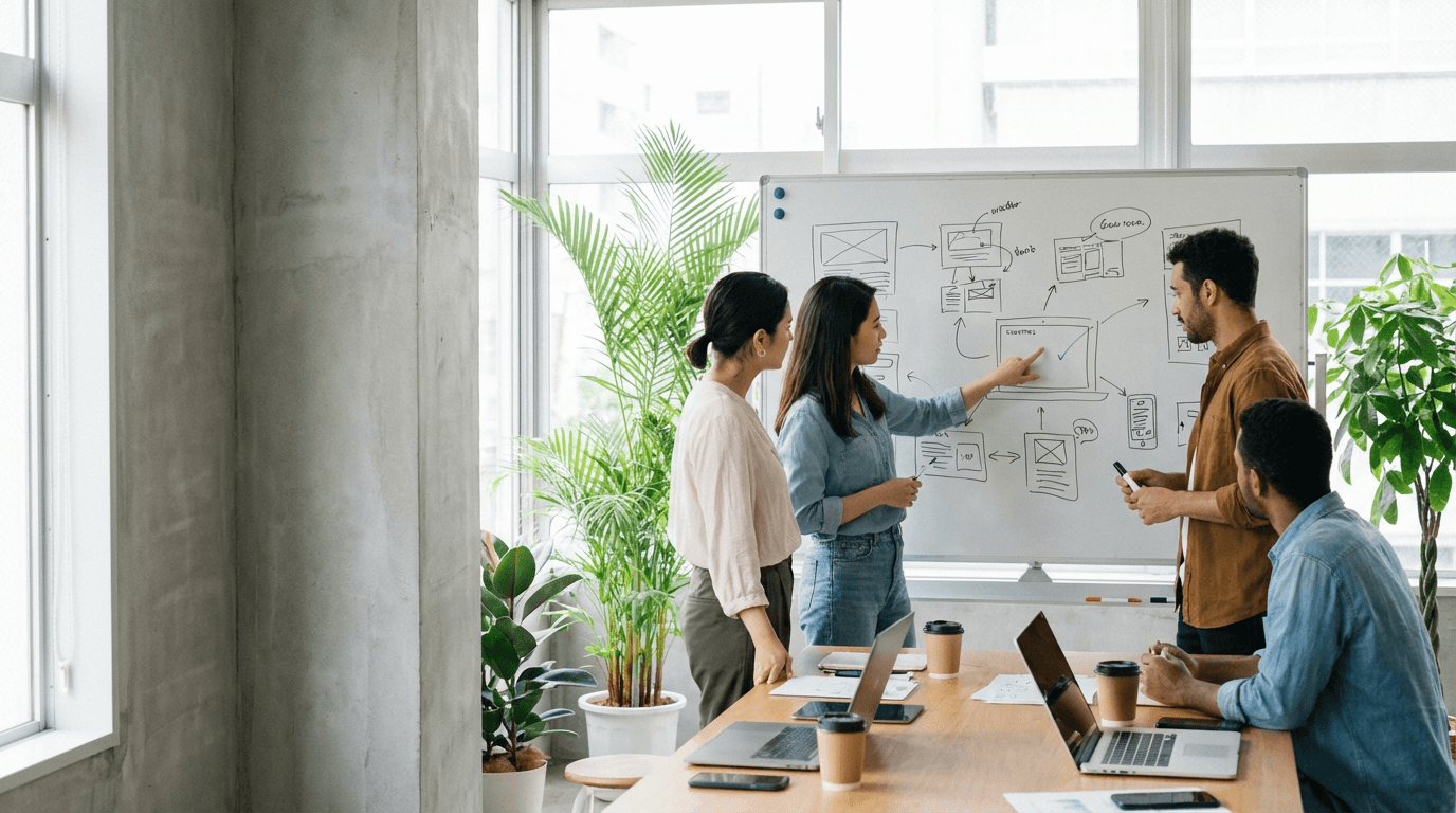 Product designers facilitating a research and UX critique session with sketches and journey artifacts