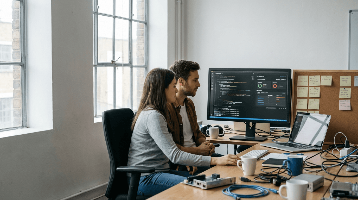 Quality engineers running automated tests and reviewing results with developers in a delivery lab