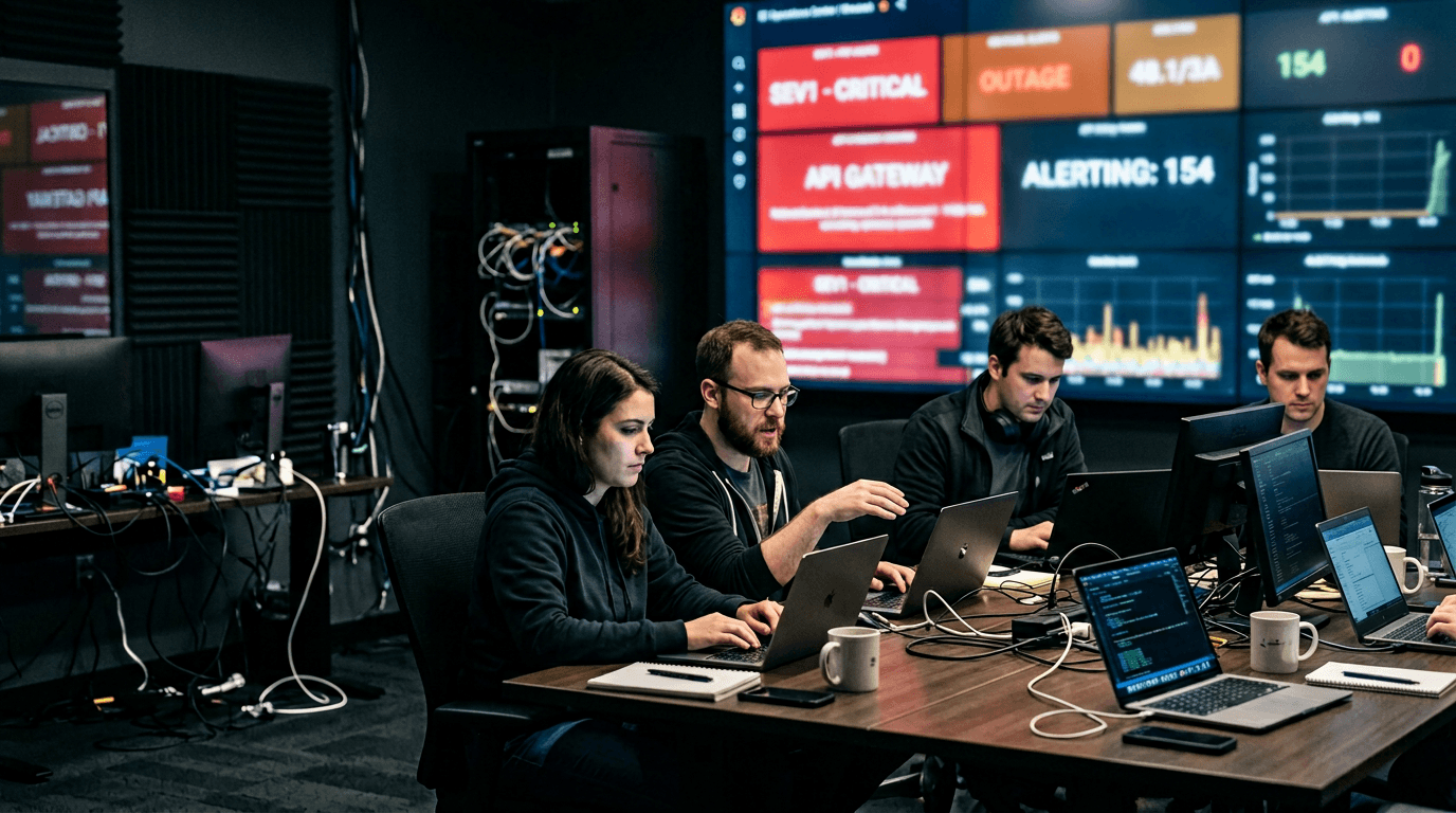 Site reliability engineers coordinating incident response with live operational dashboards in the background