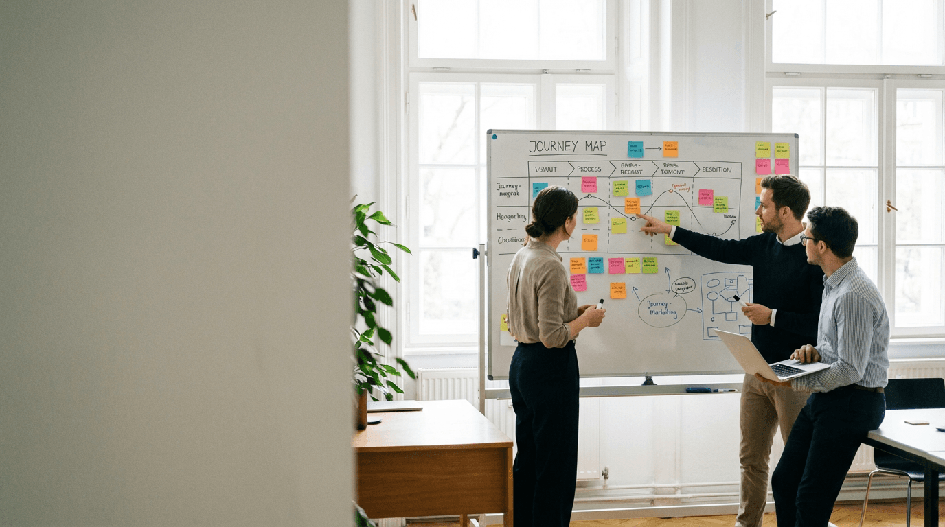 Operations and automation specialists mapping workflows on a whiteboard with laptops in a working session
