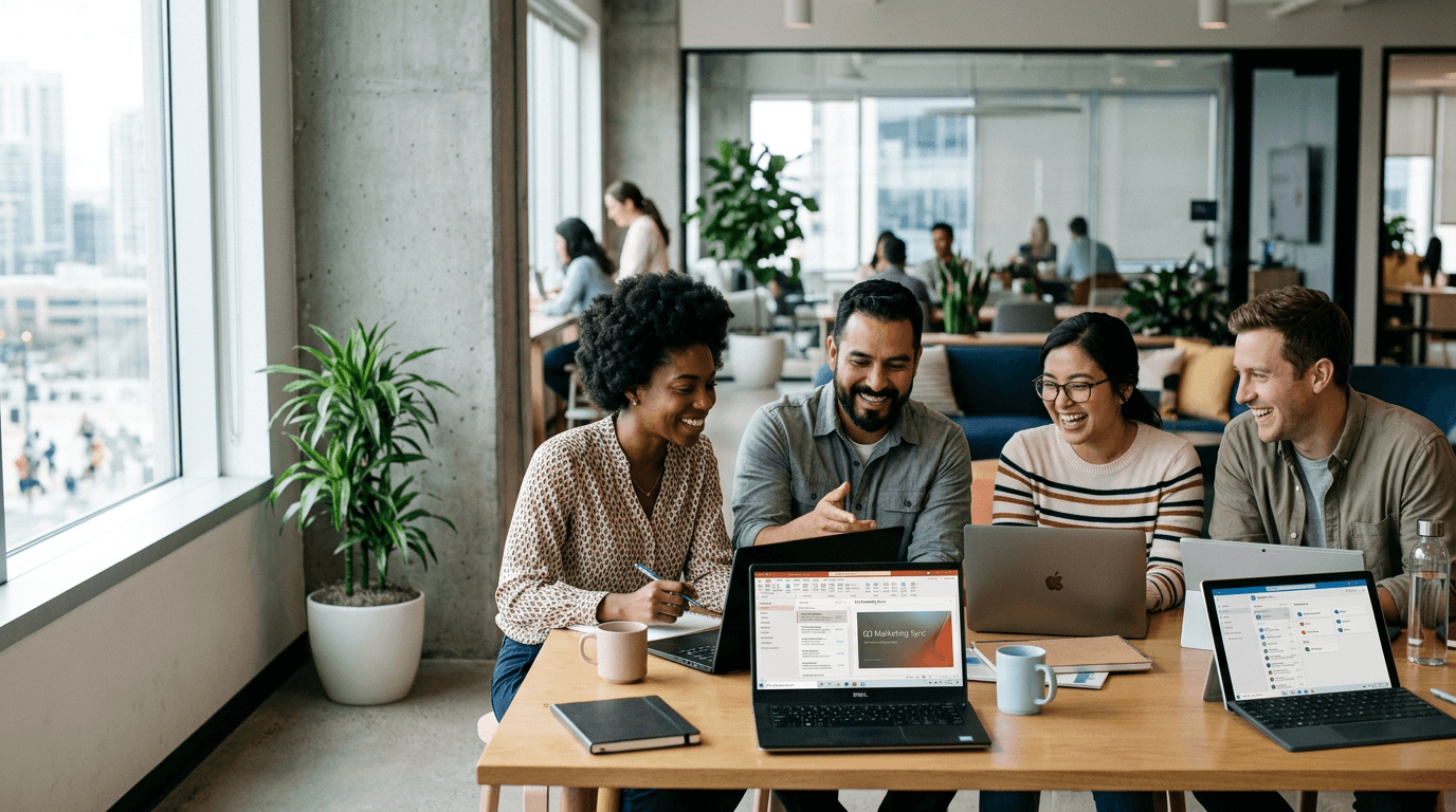 Teams collaborating with laptops in a bright modern workplace focused on productivity and secure collaboration