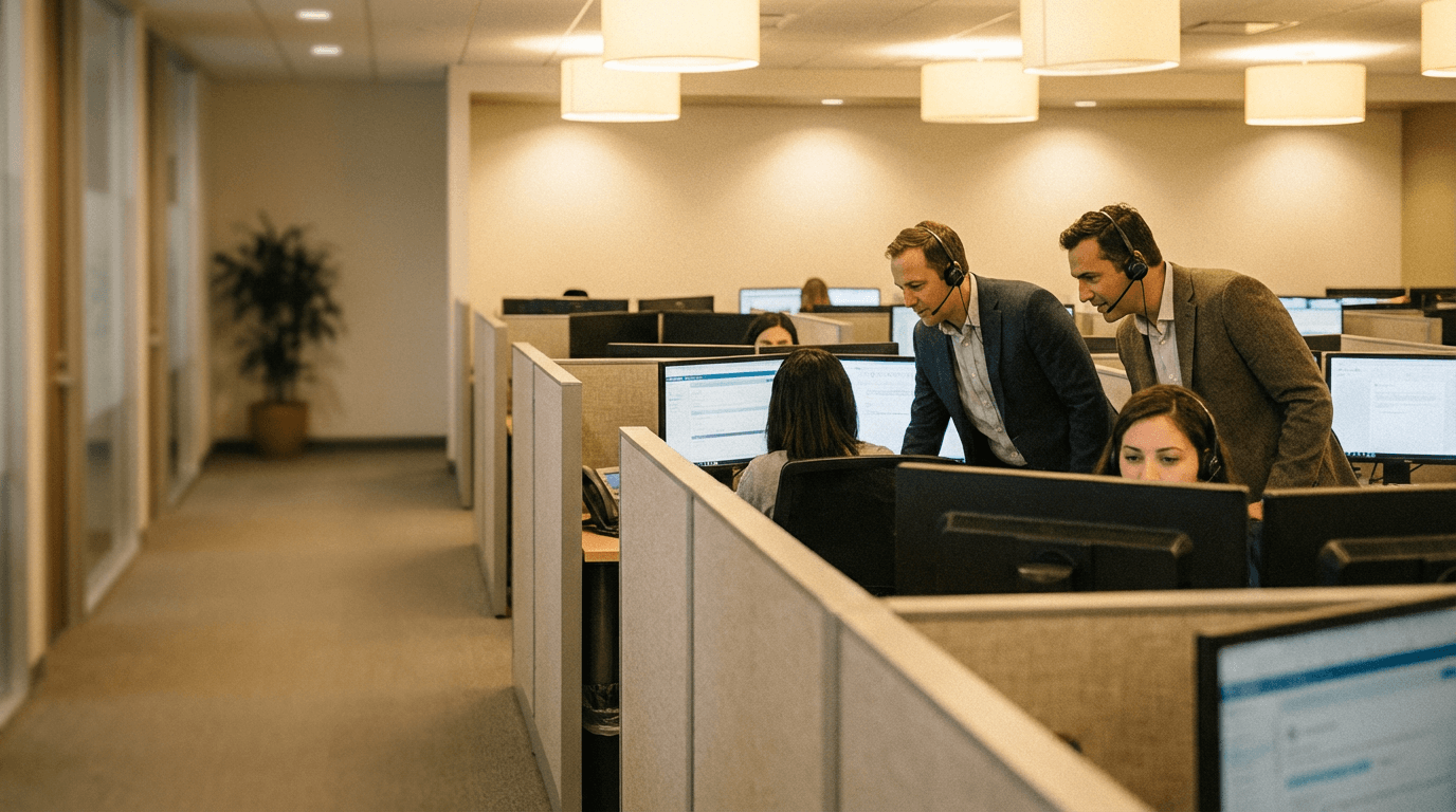 Customer experience supervisors coaching agents in a professional contact center floor environment