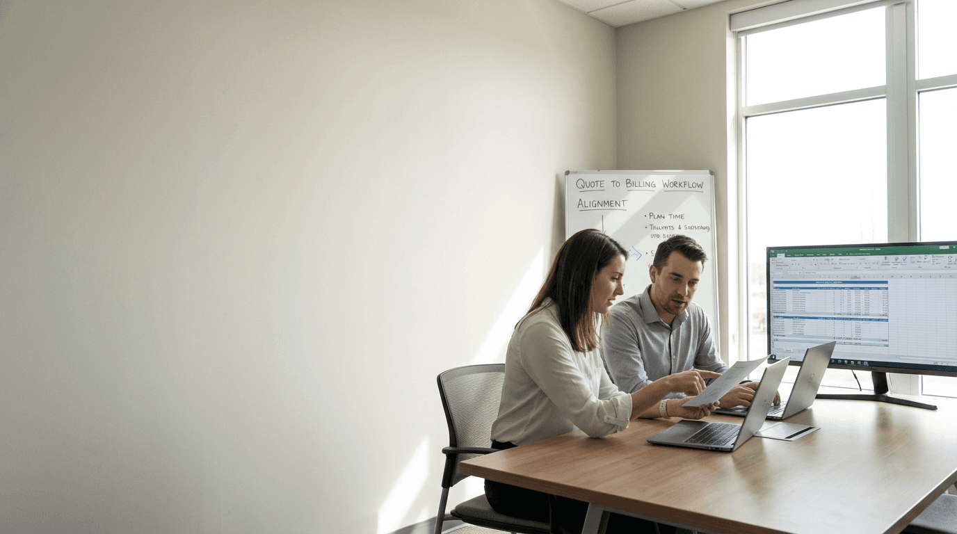 Revenue operations and sales finance staff aligning quotes and billing rules in a cross-functional working session