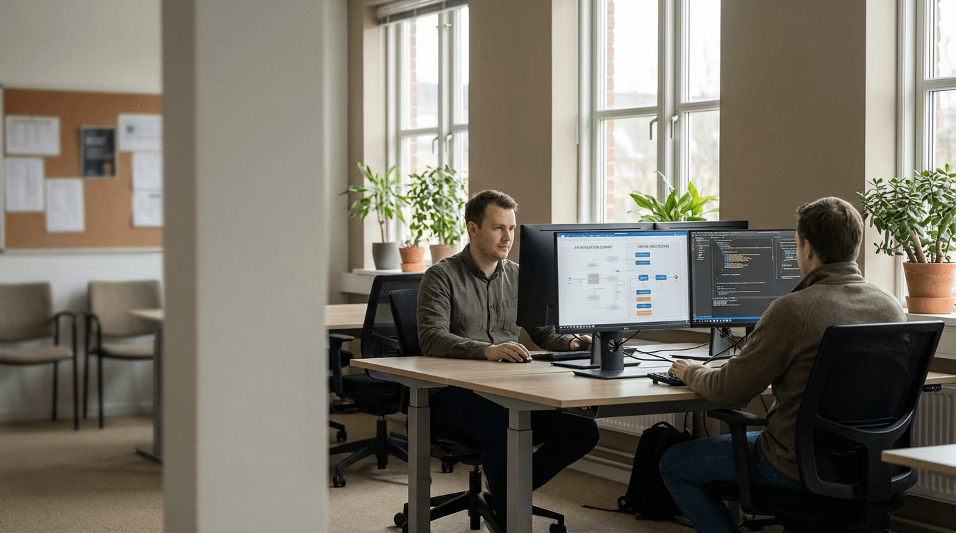 Integration engineers at workstations architecting APIs and event flows with architecture diagrams on screen