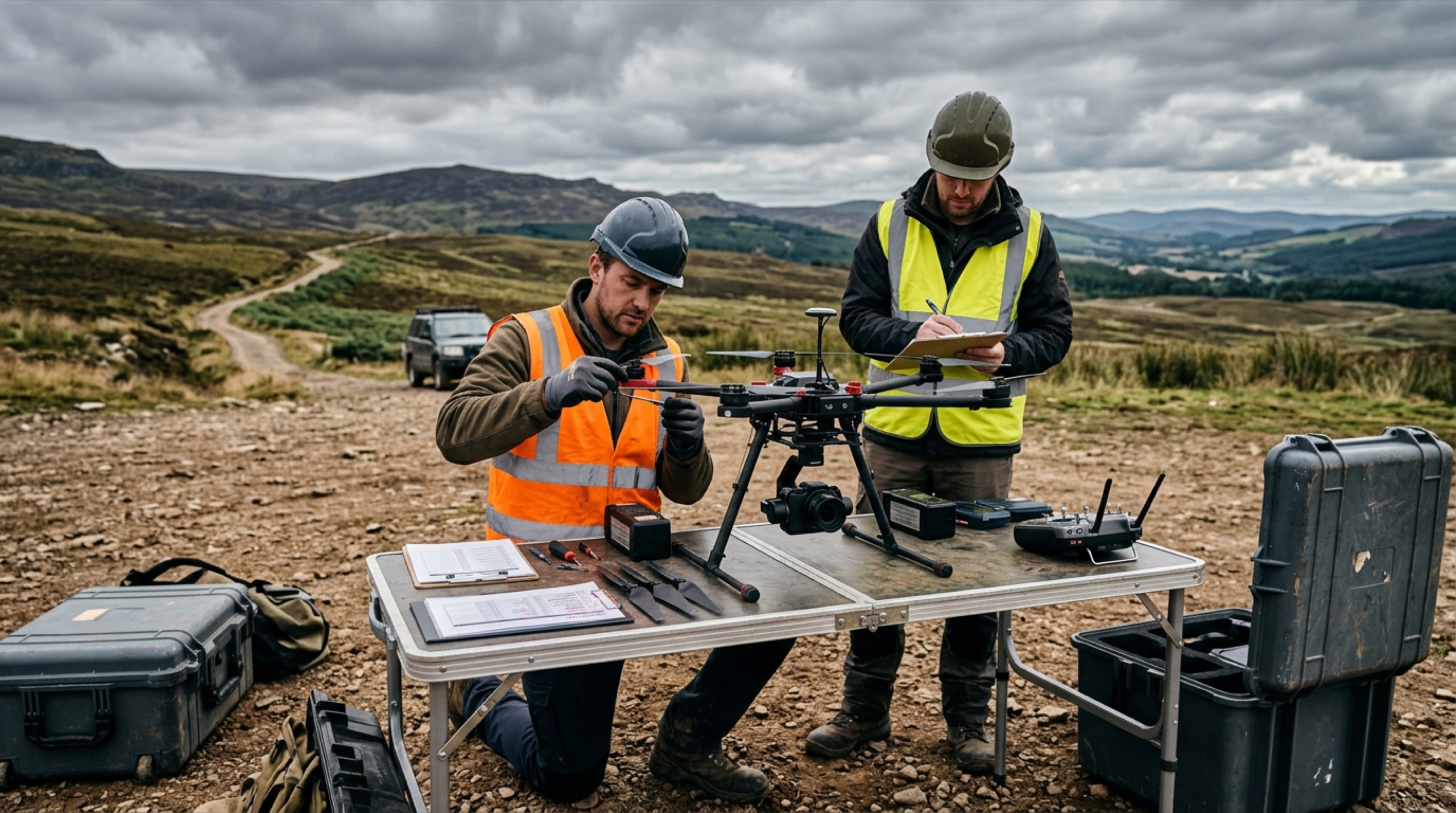 Field engineers preparing a small unmanned aircraft beside rugged cases for mission checks