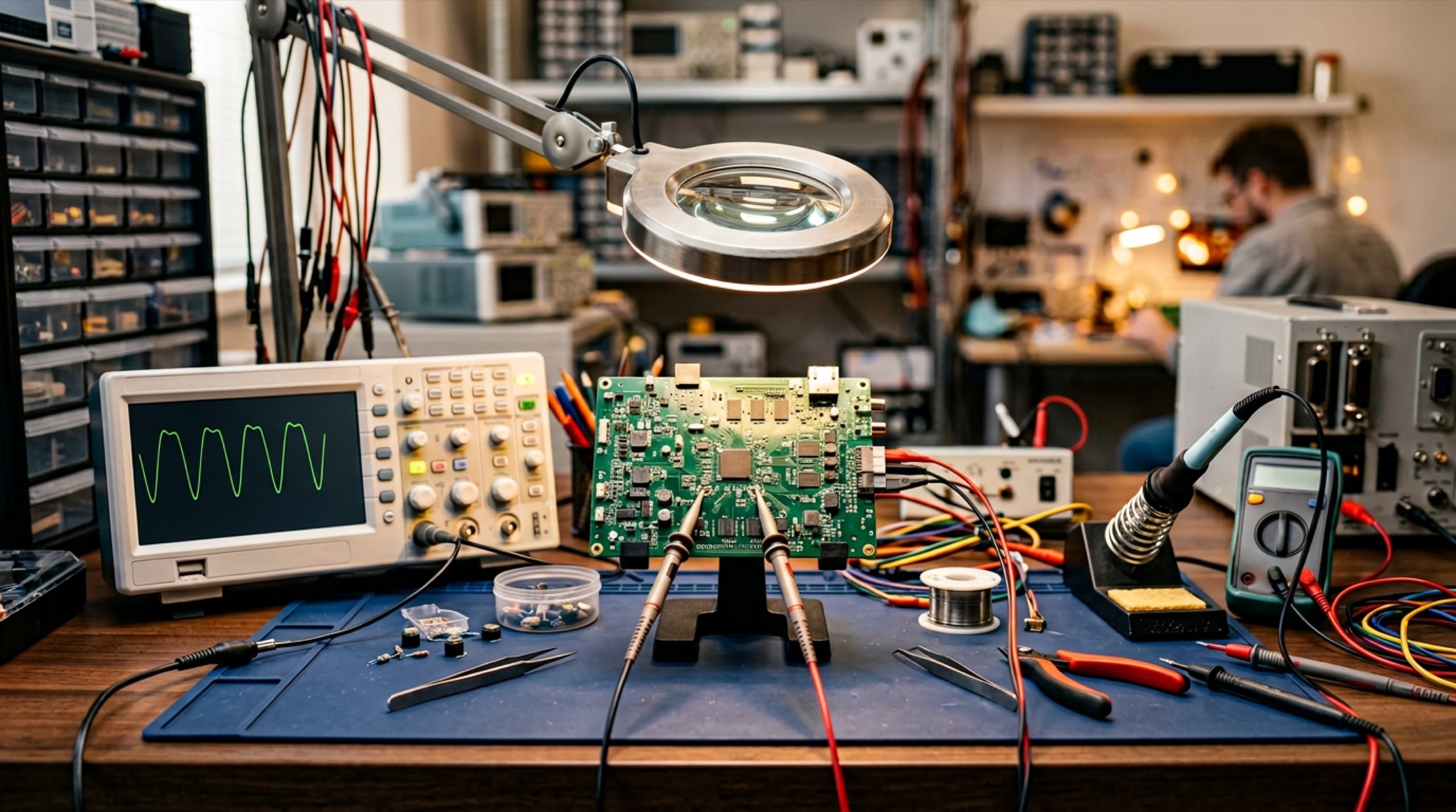 Electronics laboratory bench with oscilloscope, printed circuit board, and bring-up tools